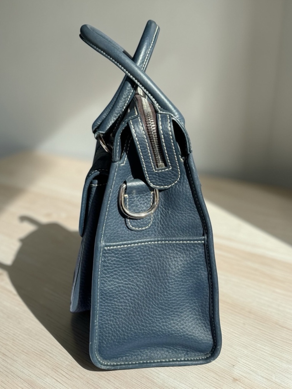 Dooney & Bourke Navy Blue Pebbled Leather Double Pocket Satchel - Picture 4 of 10